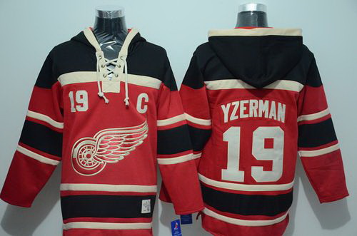 Men Detroit Red Wings 19 Steve Yzerman Red Sawyer Hooded Sweatshirt Stitched NHL Jersey