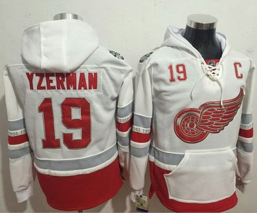 Men Detroit Red Wings 19 Steve Yzerman White Name  26 Number Pullover NHL Hoodie