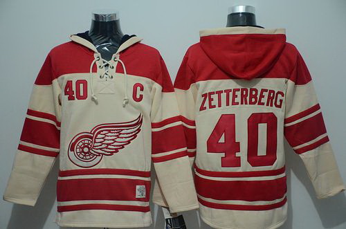 Men Detroit Red Wings 40 Henrik Zetterberg Cream Sawyer Hooded Sweatshirt Stitched NHL Jersey