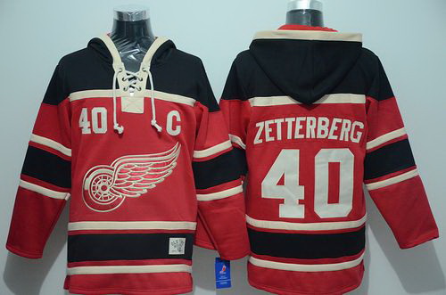 Men Detroit Red Wings 40 Henrik Zetterberg Red Sawyer Hooded Sweatshirt Stitched NHL Jersey