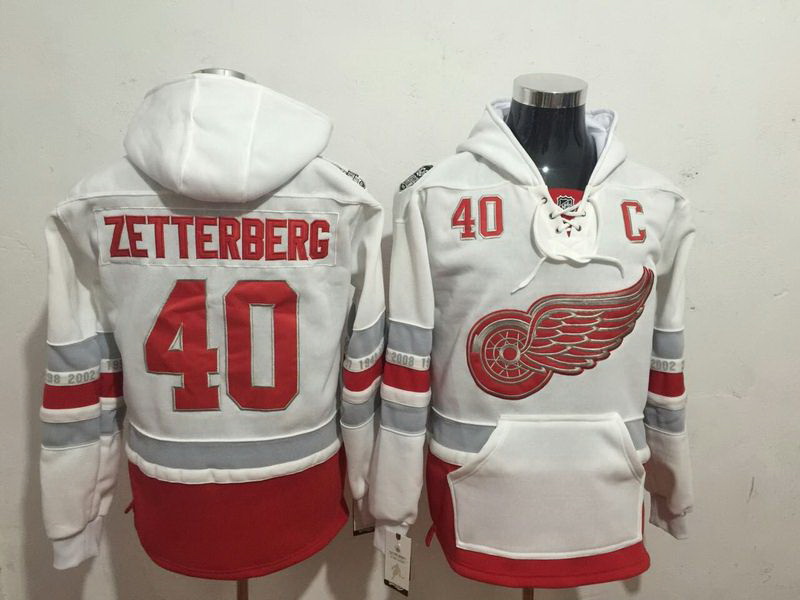 Men Detroit Red Wings 40 Henrik Zetterberg White All Stitched Hooded Sweatshirt