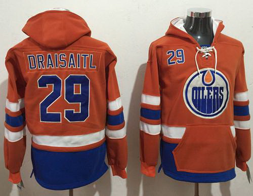 Men Edmonton Oilers 29 Leon Draisaitl Orange Name  26 Number Pullover NHL Hoodie