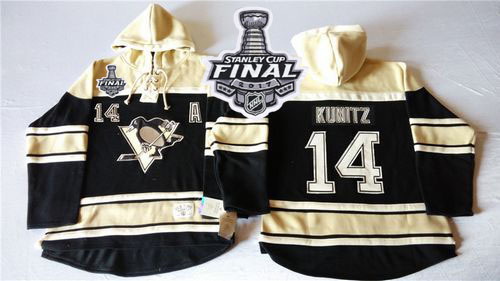 Men Pittsburgh Penguins 14 Chris Kunitz Black Sawyer Hooded Sweatshirt 2017 Stanley Cup Final Patch 