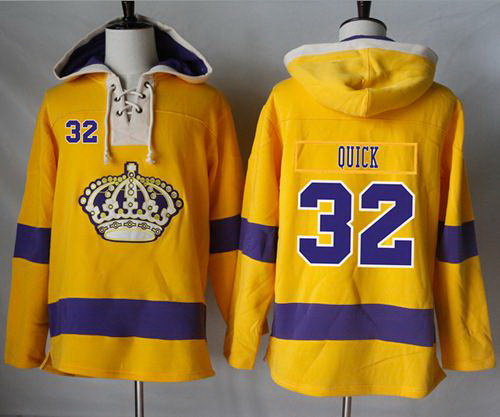 Men Los Angeles Kings 32 Jonathan Quick Gold Sawyer Hooded Sweatshirt Stitched NHL Jersey