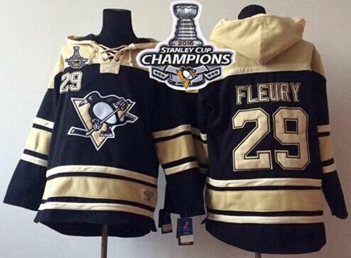 Men Pittsburgh Penguins 29 Andre Fleury Black Sawyer Hooded Sweatshirt 2016 Stanley Cup Champions St