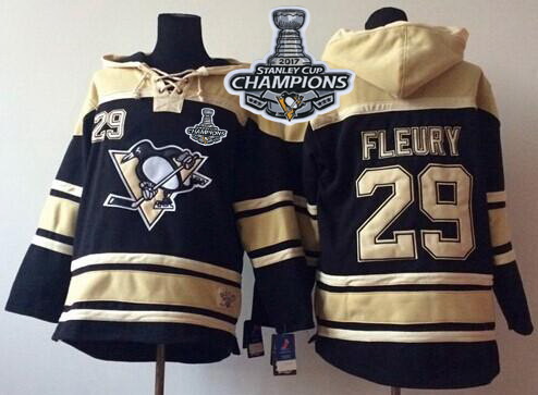 Men Pittsburgh Penguins 29 Andre Fleury Black Sawyer Hooded Sweatshirt 2017 Stanley Cup Finals Champ