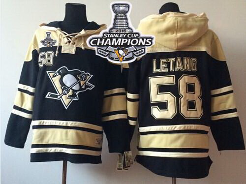 Men Pittsburgh Penguins 58 Kris Letang Black Sawyer Hooded Sweatshirt 2016 Stanley Cup Champions Sti