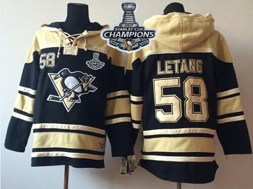 Men Pittsburgh Penguins 58 Kris Letang Black Sawyer Hooded Sweatshirt 2017 Stanley Cup Finals Champi