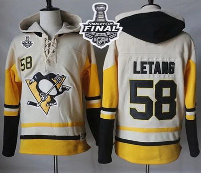 Men Pittsburgh Penguins 58 Kris Letang Cream Gold Sawyer Hooded Sweatshirt 2017 Stanley Cup Final Pa