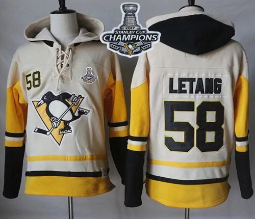 Men Pittsburgh Penguins 58 Kris Letang Cream Gold Sawyer Hooded Sweatshirt 2017 Stanley Cup Finals C