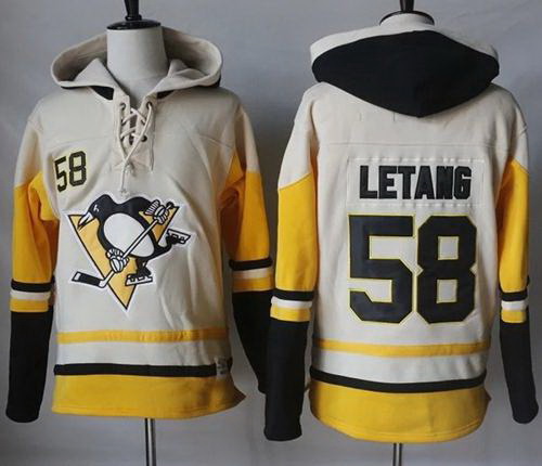 Men Pittsburgh Penguins 58 Kris Letang Cream Gold Sawyer Hooded Sweatshirt Stitched NHL Jersey