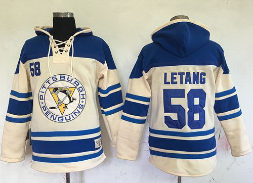 Men Pittsburgh Penguins 58 Kris Letang Cream Sawyer Hooded Sweatshirt Stitched NHL Jersey