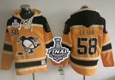 Men Pittsburgh Penguins 58 Kris Letang Gold Sawyer Hooded Sweatshirt 2017 Stanley Cup Final Patch St