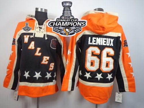 Men Pittsburgh Penguins 66 Mario Lemieux Black All Star Sawyer Hooded Sweatshirt 2016 Stanley Cup Ch