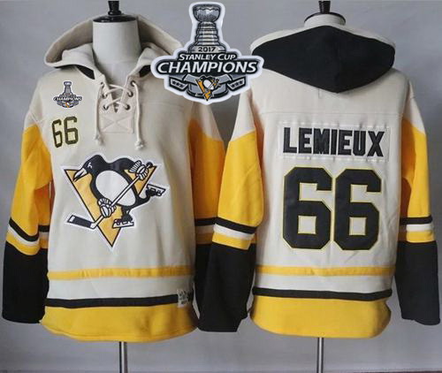 Men Pittsburgh Penguins 66 Mario Lemieux Cream Gold Sawyer Hooded Sweatshirt 2017 Stanley Cup Finals