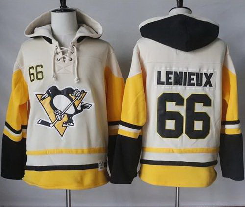 Men Pittsburgh Penguins 66 Mario Lemieux Cream Gold Sawyer Hooded Sweatshirt Stitched NHL Jersey