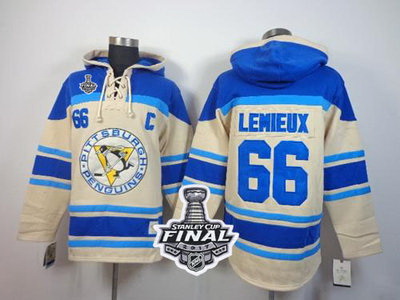 Men Pittsburgh Penguins 66 Mario Lemieux Cream Sawyer Hooded Sweatshirt 2017 Stanley Cup Final Patch