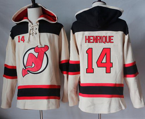 Men New Jersey Devils 14 Adam Henrique Cream Sawyer Hooded Sweatshirt Stitched NHL Jersey