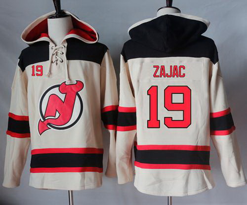 Men New Jersey Devils 19 Travis Zajac Cream Sawyer Hooded Sweatshirt Stitched NHL Jersey