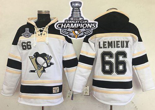 Men Pittsburgh Penguins 66 Mario Lemieux White Sawyer Hooded Sweatshirt 2016 Stanley Cup Champions S