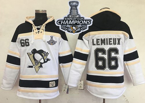 Men Pittsburgh Penguins 66 Mario Lemieux White Sawyer Hooded Sweatshirt 2017 Stanley Cup Finals Cham