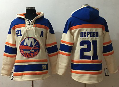 Men New York Islanders 21 Kyle Okposo Cream Sawyer Hooded Sweatshirt Stitched NHL Jersey