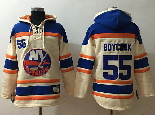 Men New York Islanders 55 Johnny Boychuk Cream Sawyer Hooded Sweatshirt Stitched NHL Jersey