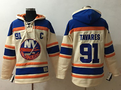 Men New York Islanders 91 John Tavares Cream Sawyer Hooded Sweatshirt Stitched NHL Jersey