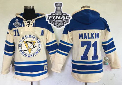 Men Pittsburgh Penguins 71 Evgeni Malkin Cream Sawyer Hooded Sweatshirt 2017 Stanley Cup Final Patch