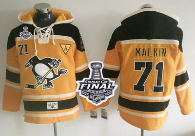 Men Pittsburgh Penguins 71 Evgeni Malkin Gold Sawyer Hooded Sweatshirt 2017 Stanley Cup Final Patch 