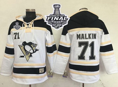 Men Pittsburgh Penguins 71 Evgeni Malkin White Sawyer Hooded Sweatshirt 2017 Stanley Cup Final Patch