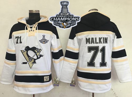 Men Pittsburgh Penguins 71 Evgeni Malkin White Sawyer Hooded Sweatshirt 2017 Stanley Cup Finals Cham