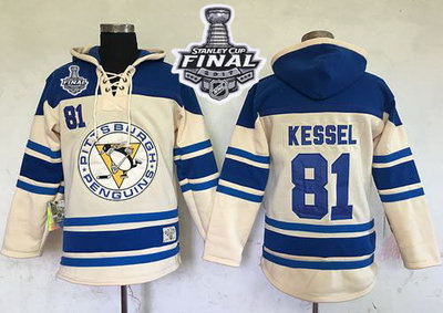 Men Pittsburgh Penguins 81 Phil Kessel Cream Sawyer Hooded Sweatshirt 2017 Stanley Cup Final Patch S