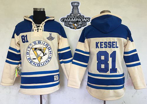 Men Pittsburgh Penguins 81 Phil Kessel Cream Sawyer Hooded Sweatshirt 2017 Stanley Cup Finals Champi