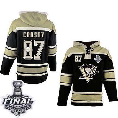 Men Pittsburgh Penguins 87 Sidney Crosby Black Sawyer Hooded Sweatshirt 2017 Stanley Cup Final Patch