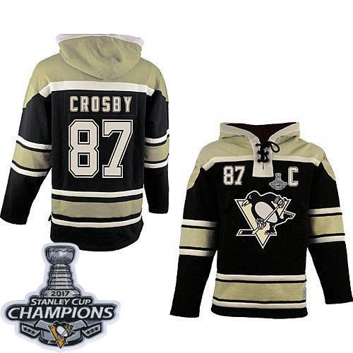 Men Pittsburgh Penguins 87 Sidney Crosby Black Sawyer Hooded Sweatshirt 2017 Stanley Cup Finals Cham