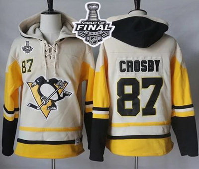 Men Pittsburgh Penguins 87 Sidney Crosby Cream Gold Sawyer Hooded Sweatshirt 2017 Stanley Cup Final 