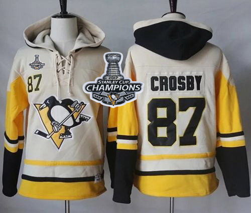 Men Pittsburgh Penguins 87 Sidney Crosby Cream Gold Sawyer Hooded Sweatshirt 2017 Stanley Cup Finals