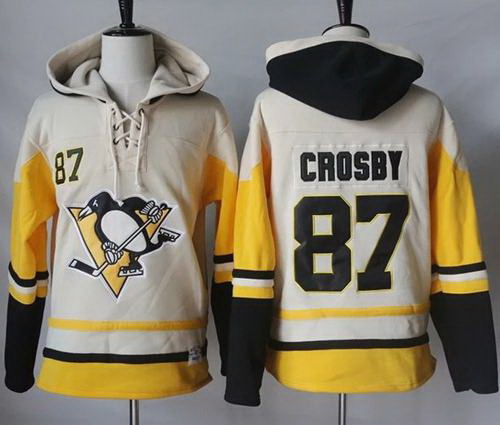 Men Pittsburgh Penguins 87 Sidney Crosby Cream Gold Sawyer Hooded Sweatshirt Stitched NHL Jersey