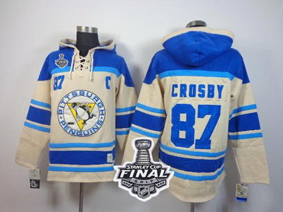 Men Pittsburgh Penguins 87 Sidney Crosby Cream Sawyer Hooded Sweatshirt 2017 Stanley Cup Final Patch