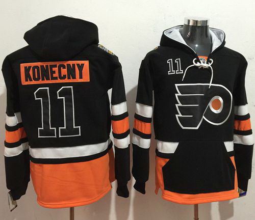 Men Philadelphia Flyers 11 Travis Konecny Black Name  26 Number Pullover NHL Hoodie