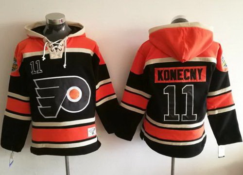 Men Philadelphia Flyers 11 Travis Konecny Black Sawyer Hooded Sweatshirt Stitched NHL Jersey