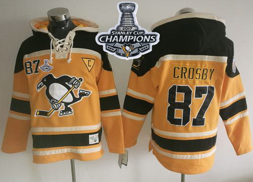 Men Pittsburgh Penguins 87 Sidney Crosby Gold Sawyer Hooded Sweatshirt 2017 Stanley Cup Finals Champ