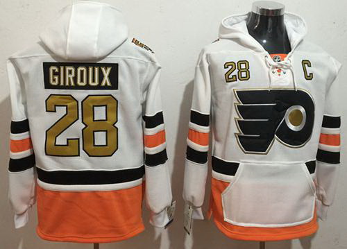 Men Philadelphia Flyers 28 Claude Giroux White 3rd Name  26 Number Pullover NHL Hoodie