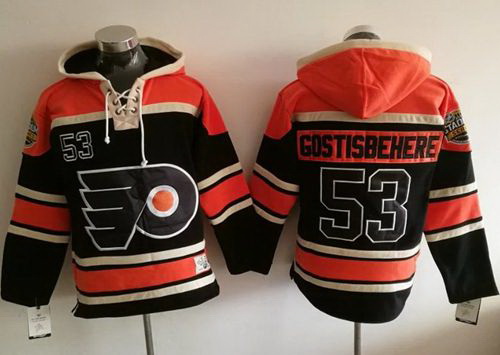 Men Philadelphia Flyers 53 Shayne Gostisbehere Black Sawyer Hooded Sweatshirt Stitched NHL Jersey