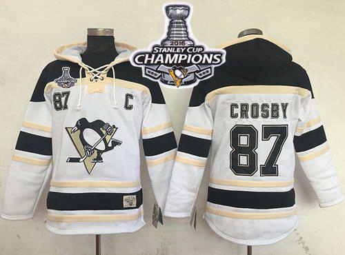 Men Pittsburgh Penguins 87 Sidney Crosby White Sawyer Hooded Sweatshirt 2016 Stanley Cup Champions S