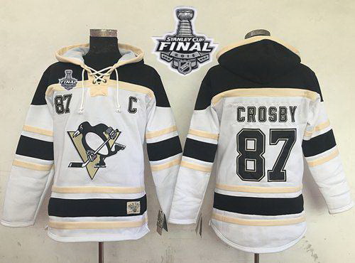 Men Pittsburgh Penguins 87 Sidney Crosby White Sawyer Hooded Sweatshirt 2016 Stanley Cup Final Patch