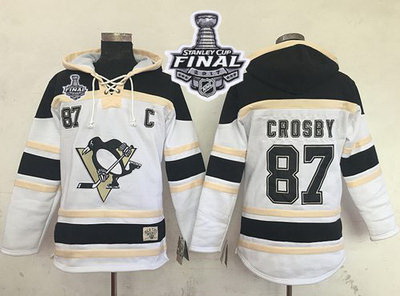 Men Pittsburgh Penguins 87 Sidney Crosby White Sawyer Hooded Sweatshirt 2017 Stanley Cup Final Patch