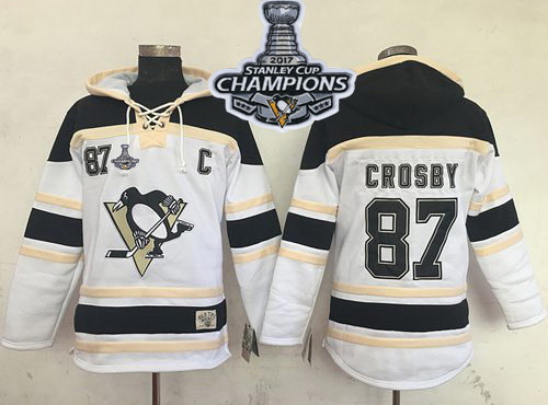 Men Pittsburgh Penguins 87 Sidney Crosby White Sawyer Hooded Sweatshirt 2017 Stanley Cup Finals Cham