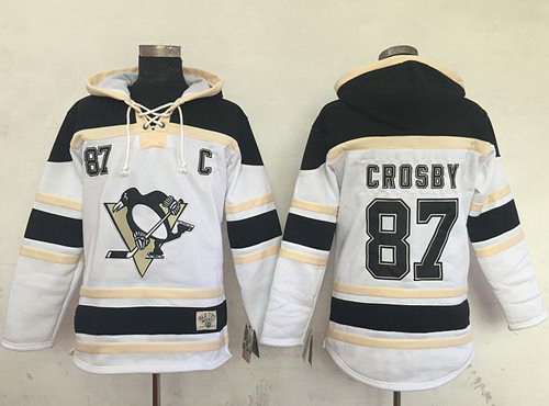 Men Pittsburgh Penguins 87 Sidney Crosby White Sawyer Hooded Sweatshirt Stitched NHL Jersey